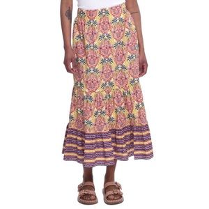 Cara Cara Chase Midi Skirt Cotton Palm Trees Medallion Yellow Tier - Small